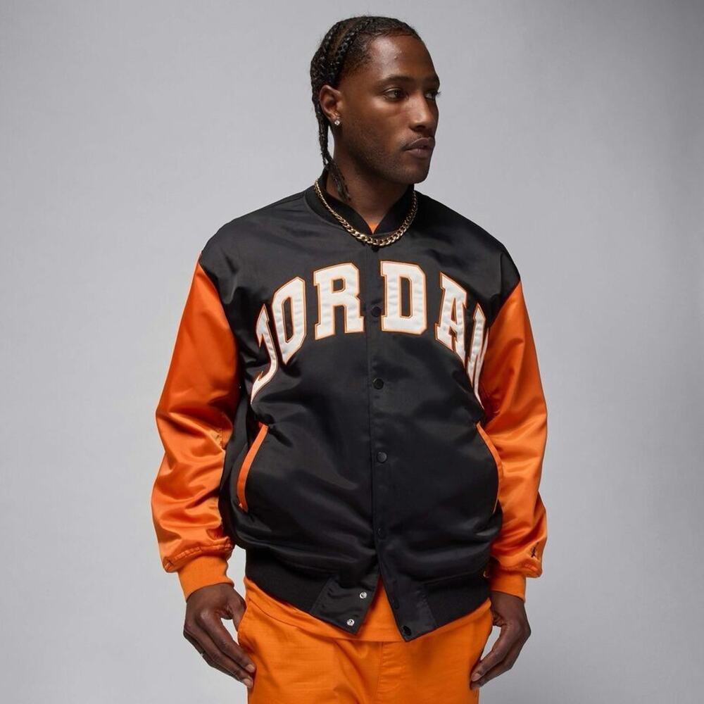 Nike Jordan Brooklyn Varsity Jacket Black/Orange Men Medium New HV0099-011 NWT